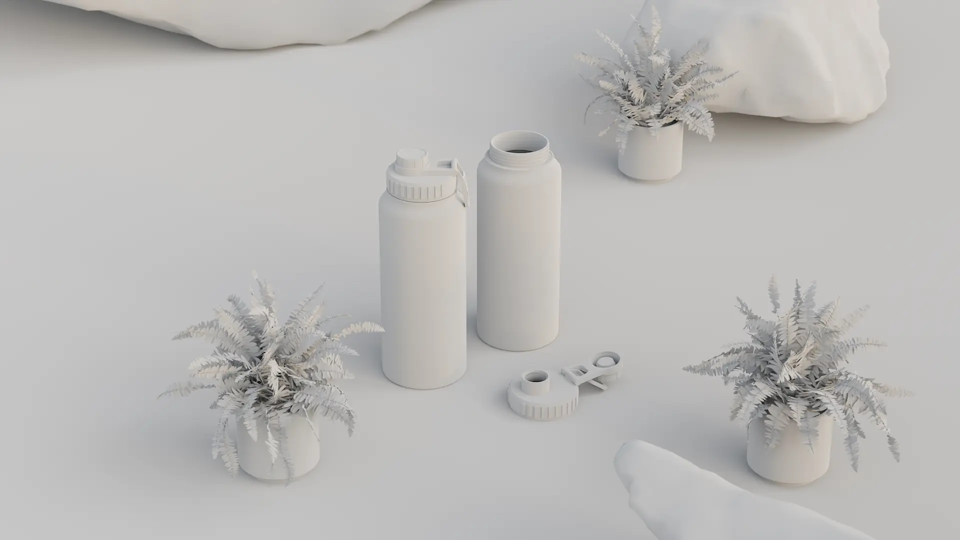 Untextured water bottles with basic white material in minimal scene
