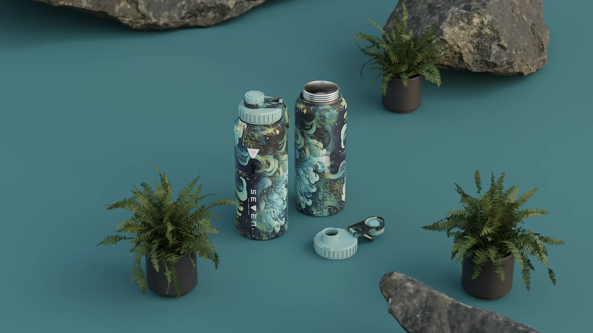 Fully textured bottles with artistic patterns in dramatic environment