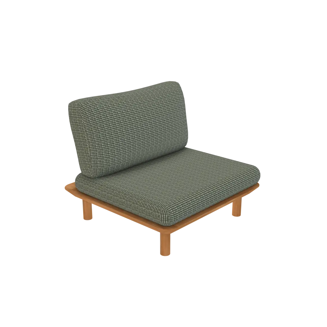 Lounge chair featuring green checkered fabric pattern